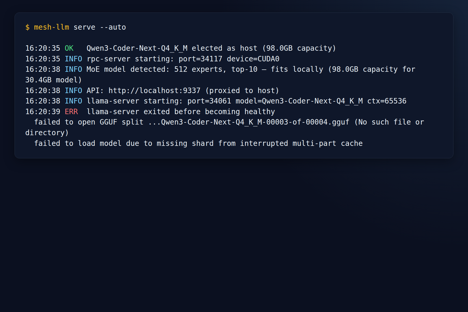 Mesh-LLM frontier model failure from live runtime log
