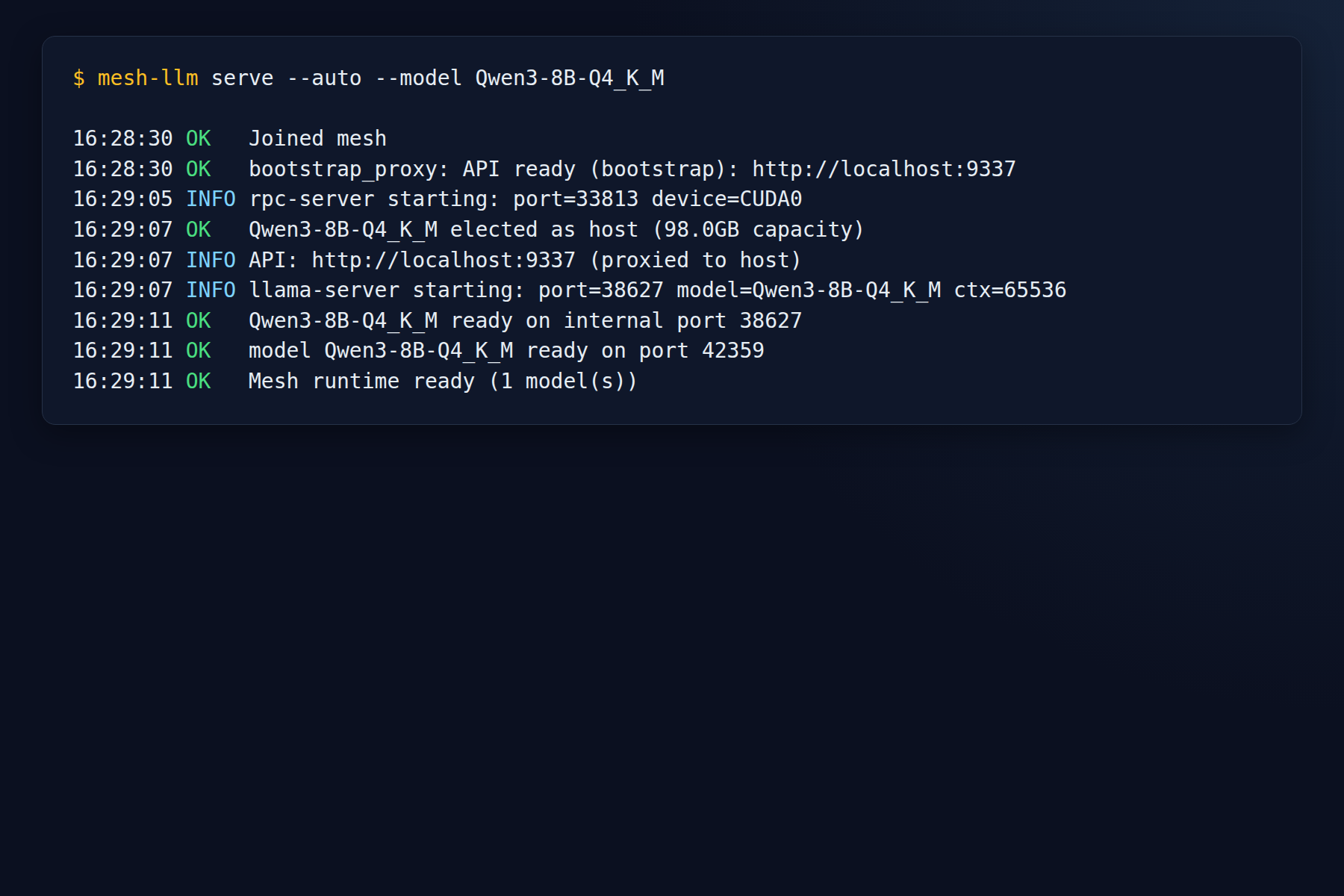 Mesh-LLM successful host bring-up from live runtime log